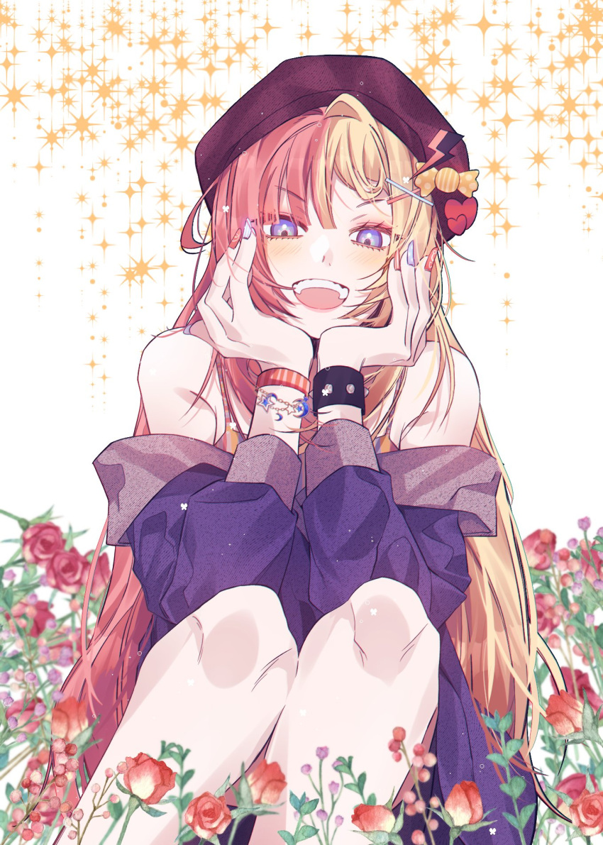 1girl, beret, black_headwear, blonde_hair, blue_eyes, blush, bracelet, camisole