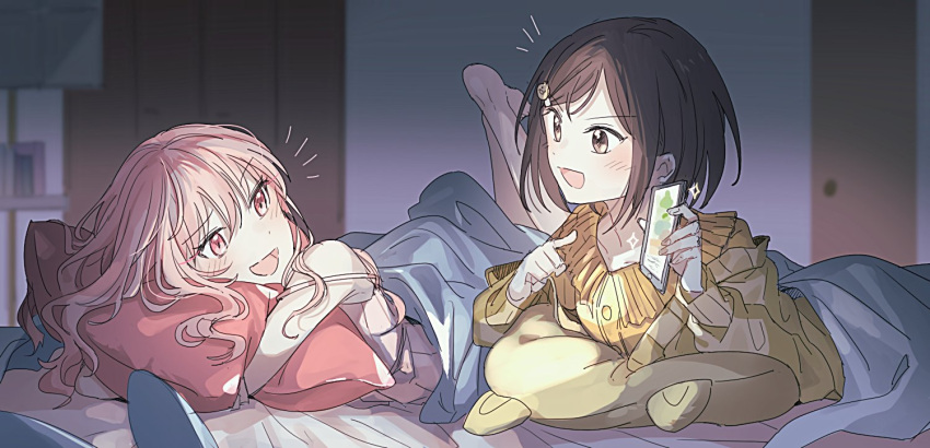 1girl, 1other, akiyama_mizuki, androgynous, barefoot, bed, blush, brown_eyes
