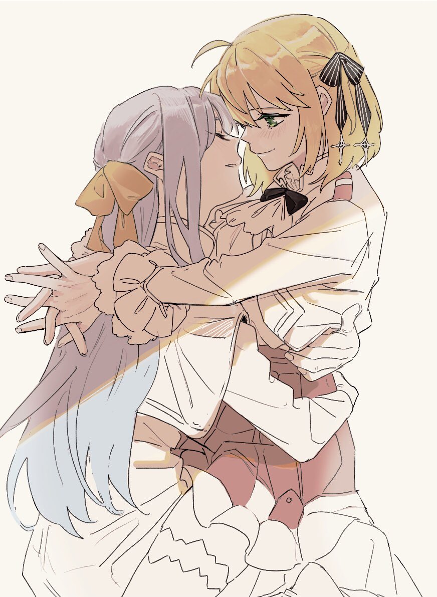 2girls, anisphia_wynn_palettia, arms_around_waist, black_ribbon, blonde_hair, blush, closed_eyes, commentary_request