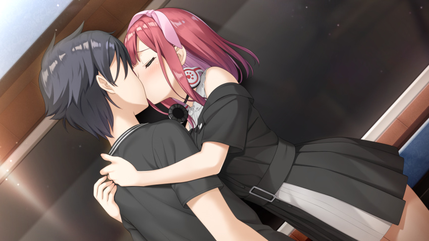 1boy, 1girl, black_dress, black_hair, black_shirt, blush, bow, closed_eyes