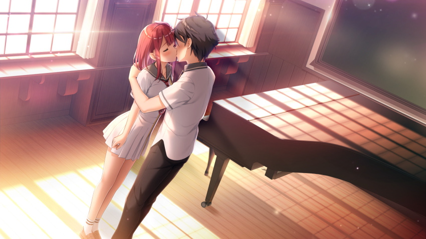 1boy, 1girl, black_hair, black_pants, blush, bow, closed_eyes, collared_shirt