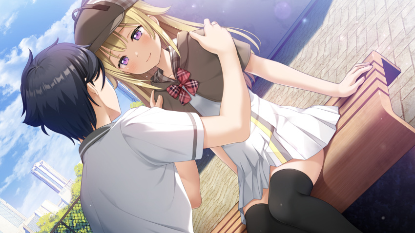 1boy, 1girl, bench, black_hair, black_thighhighs, blonde_hair, brown_capelet, brown_headwear