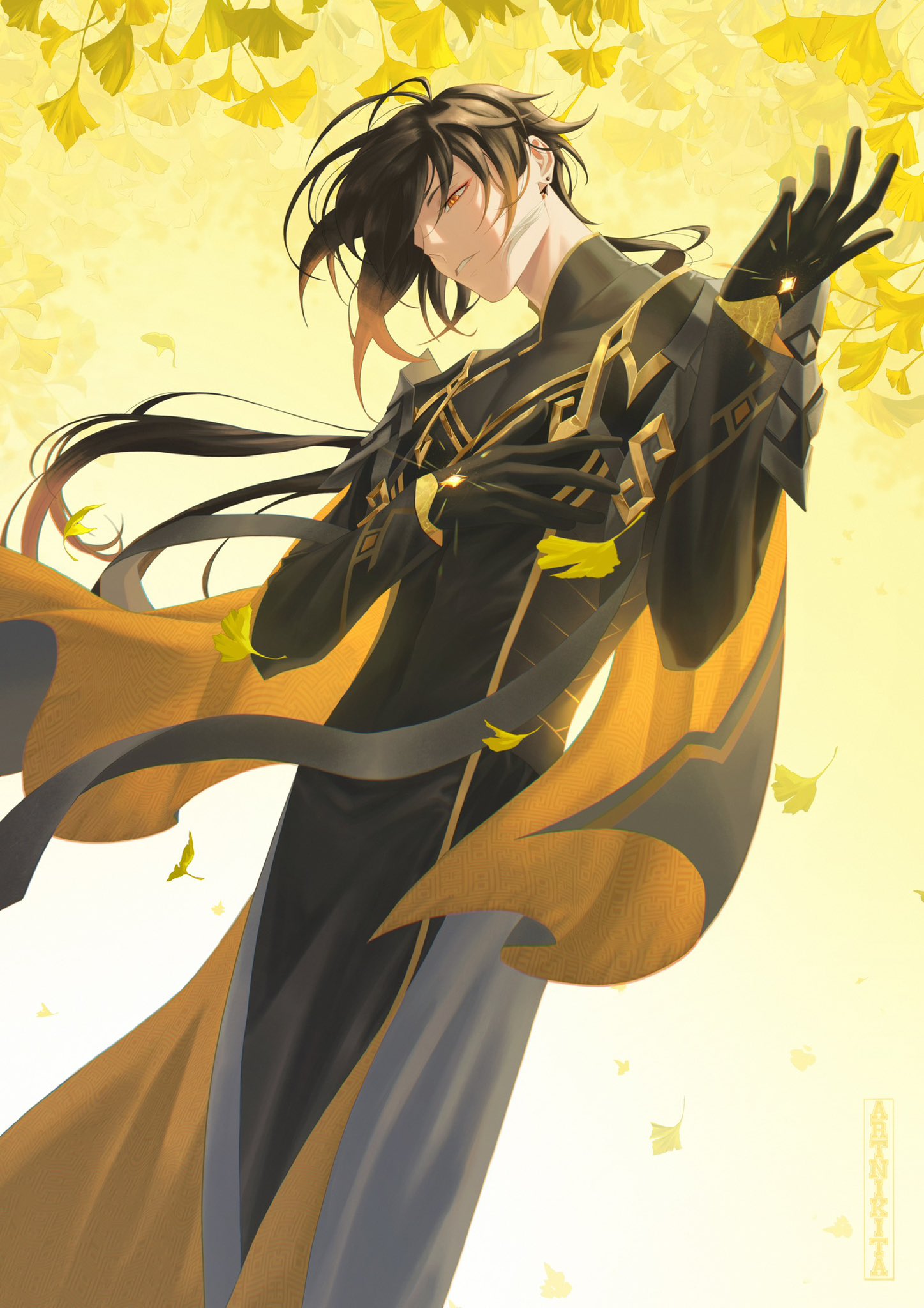 1boy, artist_name, artnikita, black_gloves, black_hair, black_tabard, brown_eyes, chinese_clothes