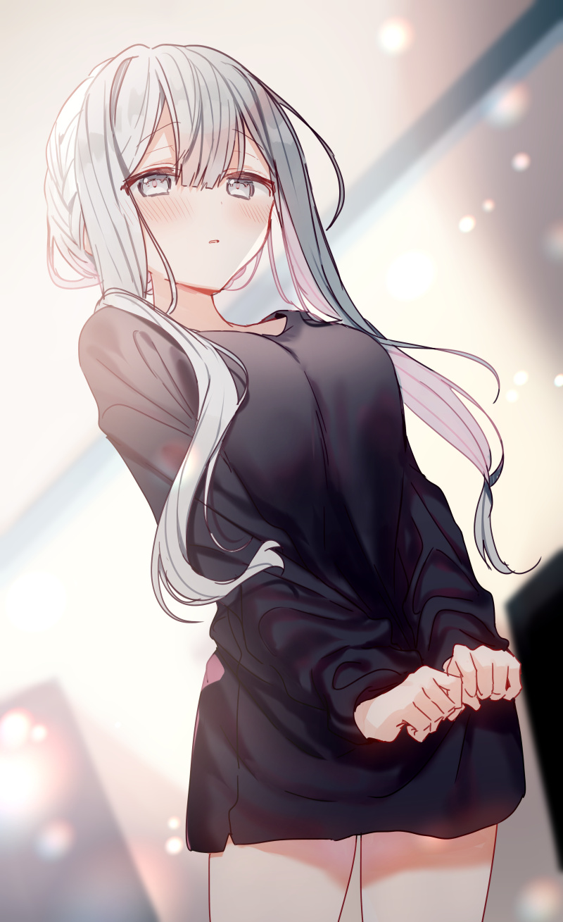 1girl, blush, breasts, fuyukawa_kagari, grey_eyes, grey_hair, hair_between_eyes, hakanai_kimi_wa_moukou_wo_hajimeru