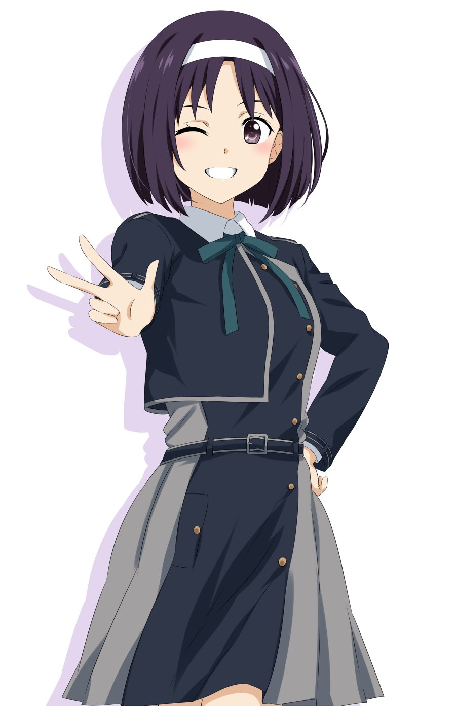 1girl, belt, blue_belt, blue_dress, blush, collared_shirt, commentary_request, cosplay
