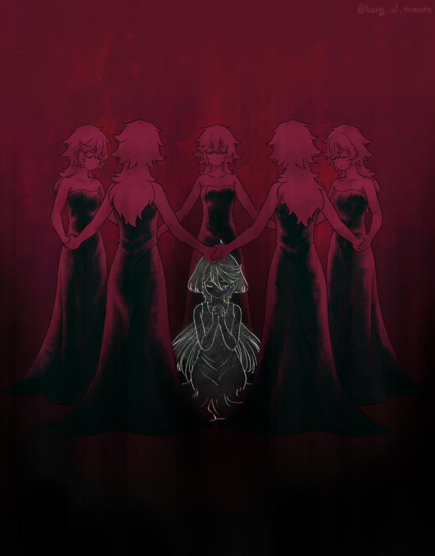 6+girls, bang_ul_tomato, clone, closed_eyes, dress, gundam, gundam_suisei_no_majo, hair_down, highres, holding_hands, long_dress, miorine_rembran, multiple_girls, official_alternate_costume, official_alternate_hairstyle, own_hands_clasped, own_hands_together, praying, red_background, sitting, standing, suletta_mercury, twitter_username