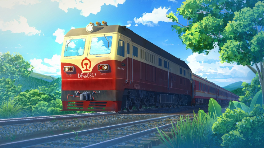 blue_sky, bush, chinese_commentary, commentary_request, day, grass, ground_vehicle, no_humans, original, outdoors, ptsd0818, railroad_tracks, scenery, sky, train, tree, vehicle_focus
