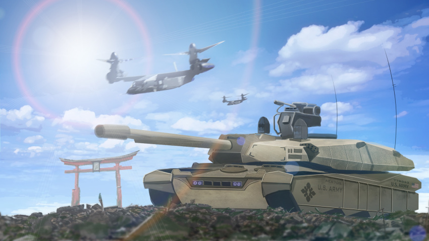 aircraft, blue_sky, chinese_commentary, clouds, commentary_request, highres, military, military_vehicle