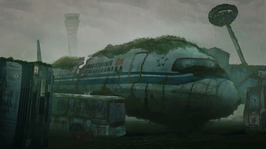 air_china, aircraft, airplane, airport, bus, drum_(container), highres, license_plate, motor_vehicle, no_humans, original, outdoors, post-apocalypse, ptsd0818, rain, scenery, science_fiction