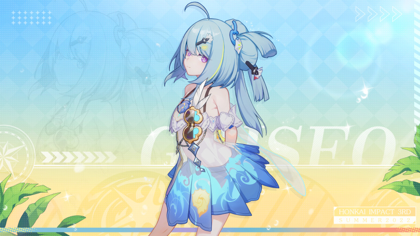 1girl, ahoge, armpit_crease, arms_behind_back, bare_shoulders, blue_hair, breasts, character_name