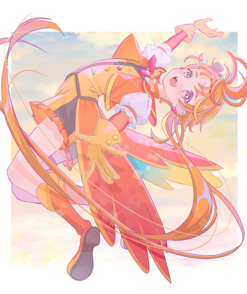 1boy, boots, commentary_request, cure_wing, earrings, gloves, hat, highres, hirogaru_sky!_precure, jewelry, lilylily0601, long_hair, magical_boy, male_focus, mini_hat, mini_top_hat, orange_eyes, orange_footwear, orange_gloves, orange_hair, orange_shorts, parted_bangs, ponytail, precure, puffy_short_sleeves, puffy_sleeves, short_sleeves, shorts, solo, thigh_bow, top_hat, yuunagi_tsubasa