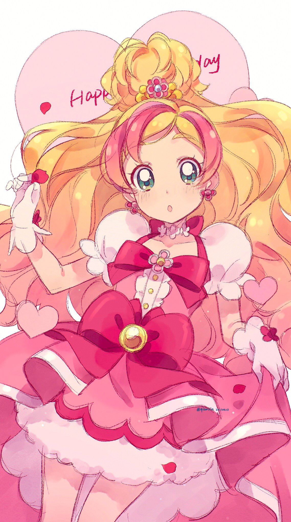 1girl, blonde_hair, bow, cure_flora, earrings, flower, flower_brooch, flower_earrings, flower_necklace, gloves, go!_princess_precure, green_eyes, haruno_haruka, highres, jewelry, magical_girl, multicolored_hair, pink_bow, pink_hair, pink_skirt, precure, puffy_short_sleeves, puffy_sleeves, qianxia_yell, short_sleeves, skirt, solo, streaked_hair, two-tone_hair, waist_bow, waist_brooch, white_gloves, wide_ponytail