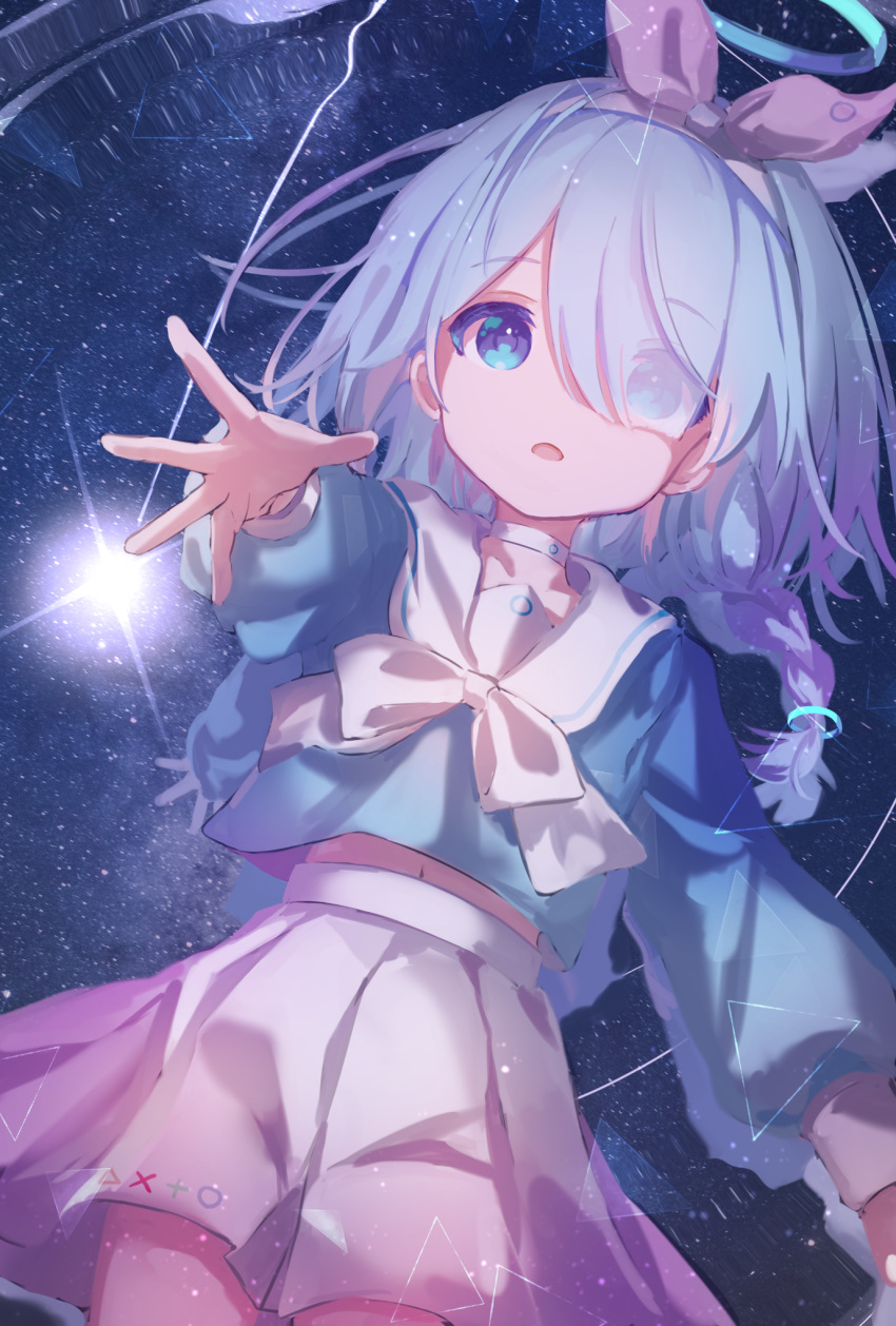 1girl, arona_(blue_archive), blue_archive, blue_eyes, blue_hair, blue_halo, blue_shirt, braid