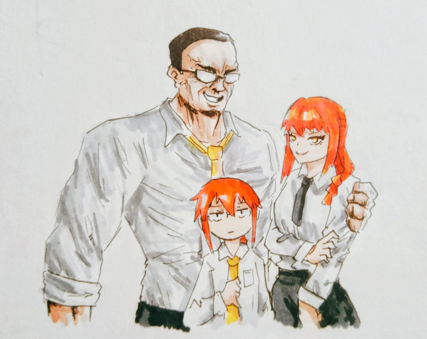 1boy, 2girls, black_necktie, chainsaw_man, collared_shirt, hair_between_eyes, highres, holding