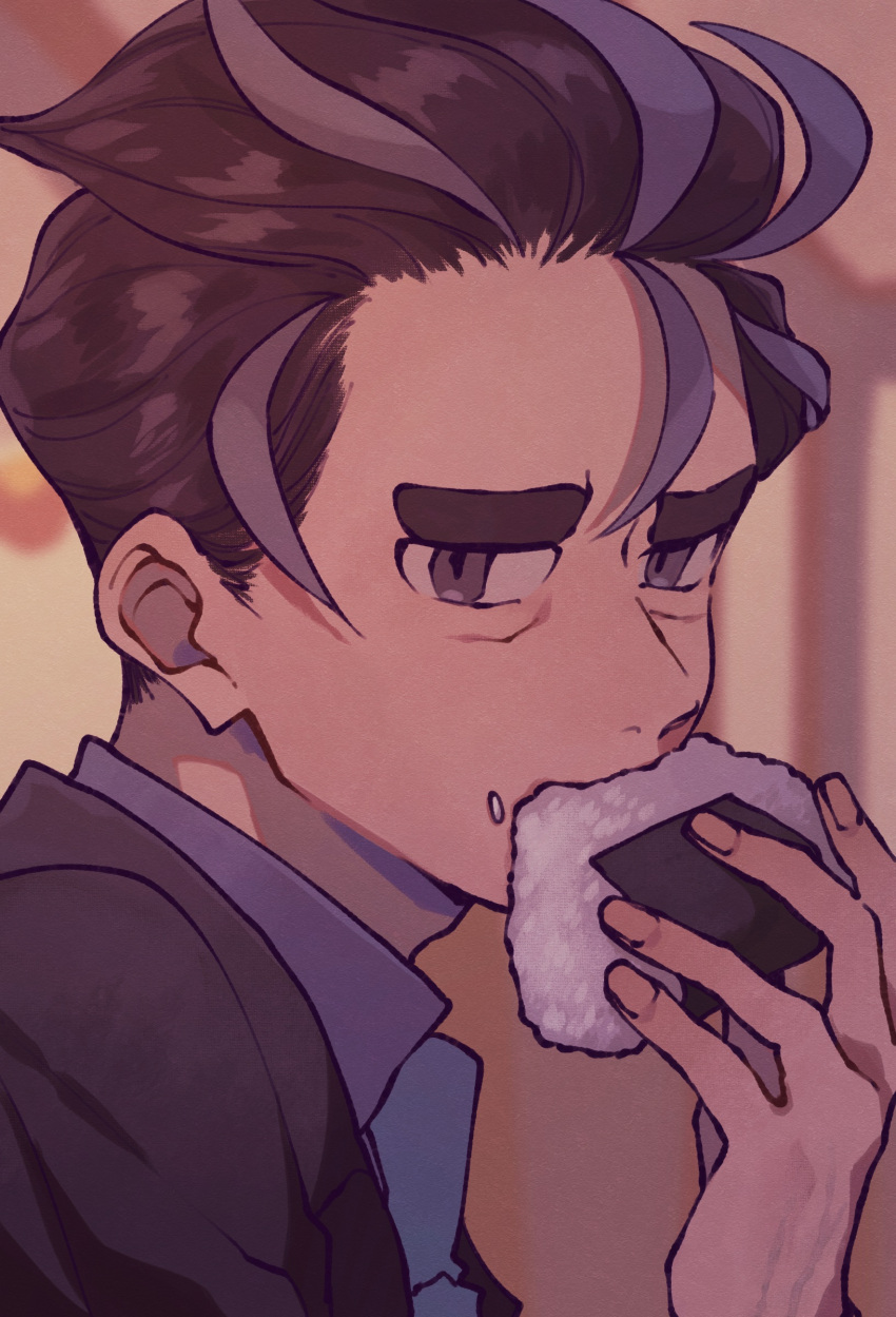 1boy, blurry, blurry_background, collared_shirt, commentary_request, eating, food, food_on_face