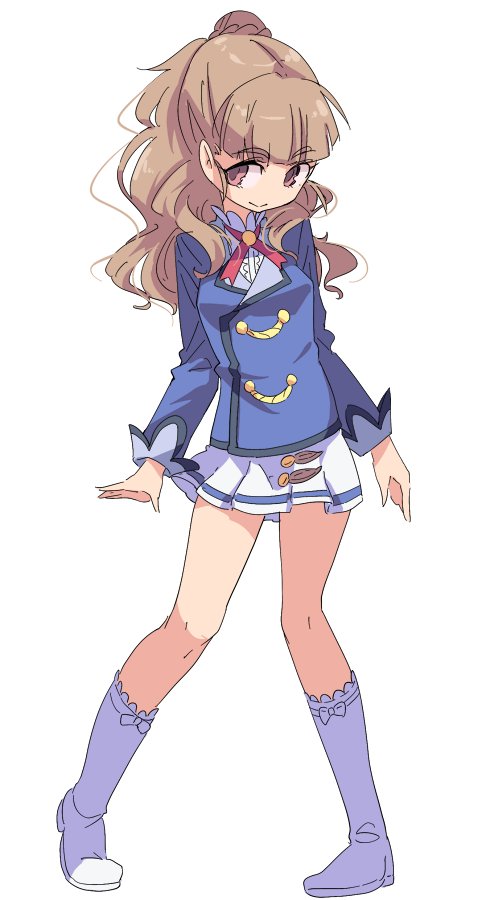 1girl, blue_jacket, blunt_bangs, boots, brown_hair, closed_mouth, full_body, hair_bun