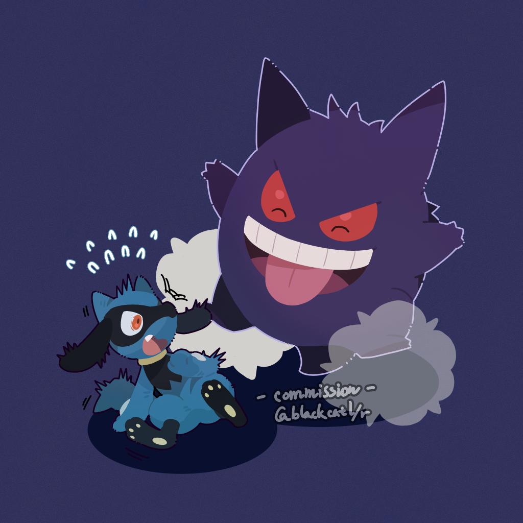 ^_^, blackcatlandr, closed_eyes, commission, fang, flying_sweatdrops, gengar, open_mouth