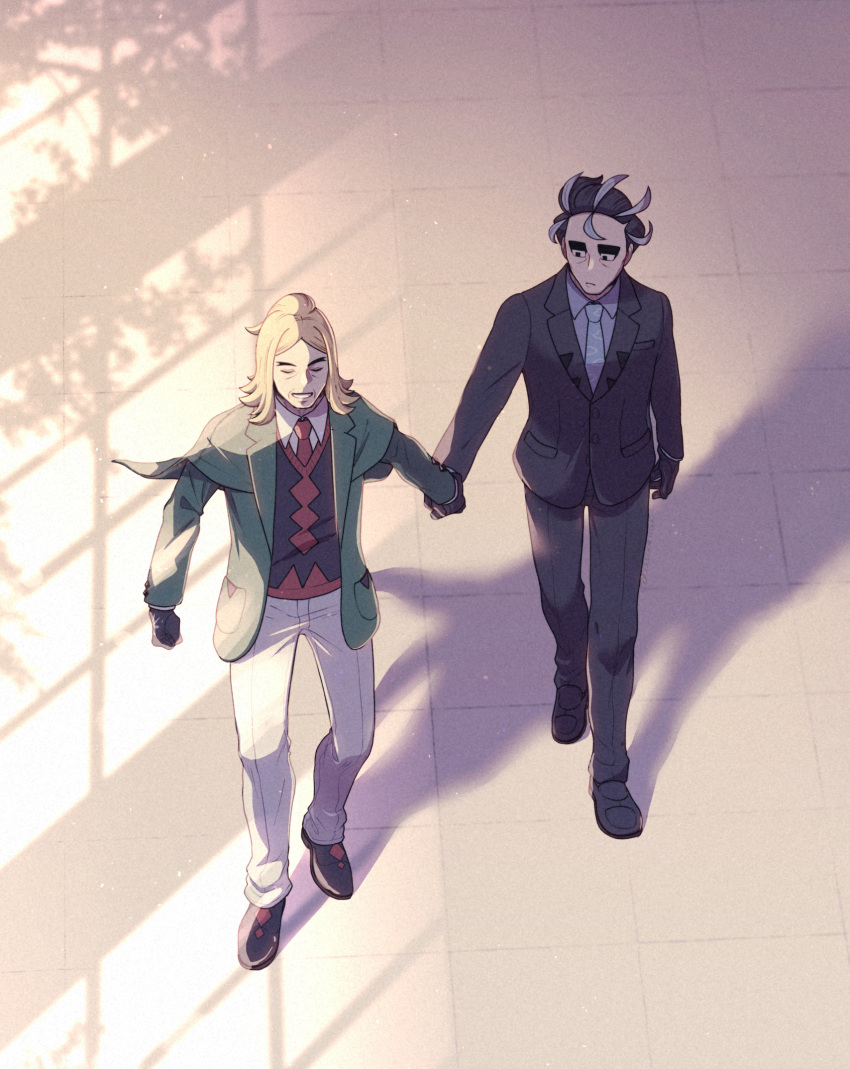 2boys, batabiru, black_footwear, black_gloves, black_hair, black_jacket, black_pants, blonde_hair