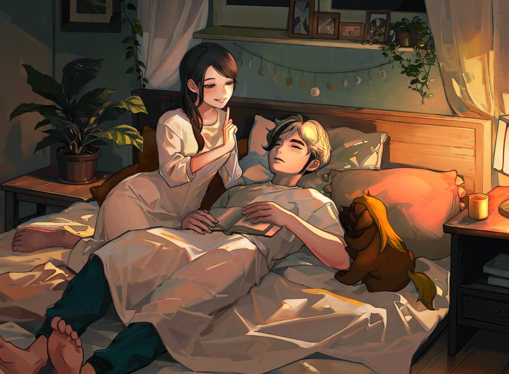 1boy, 1girl, alternate_costume, arven_(pokemon), barefoot, brown_eyes, brown_hair, closed_eyes, commentary_request, finger_to_mouth, half-closed_eyes, hand_up, index_finger_raised, indoors, juliana_(pokemon), lying, maji_obasan, maschiff, nightstand, on_back, on_bed, pants, parted_lips, plant, pokemon, pokemon_(creature), pokemon_(game), pokemon_sv, potted_plant, shelf, shirt, short_sleeves, shushing, sleeping, smile, t-shirt, toes