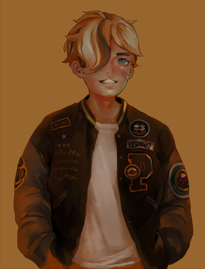 1boy, alternate_hair_length, alternate_hairstyle, arven_(pokemon), bandaid, bandaid_on_face, blonde_hair, commentary_request