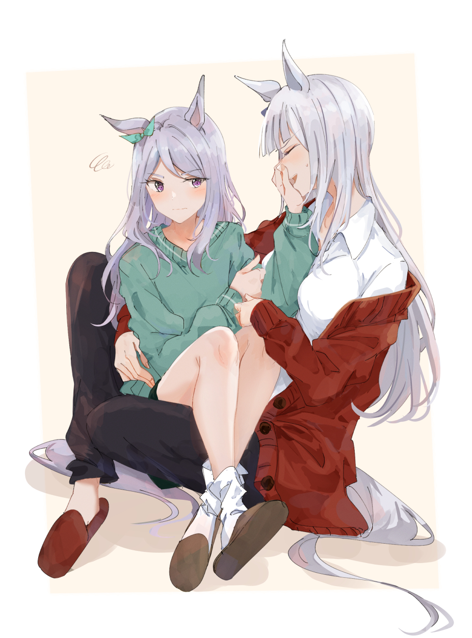 2girls, animal_ears, black_pants, black_shorts, blush, breasts, cardigan, closed_eyes