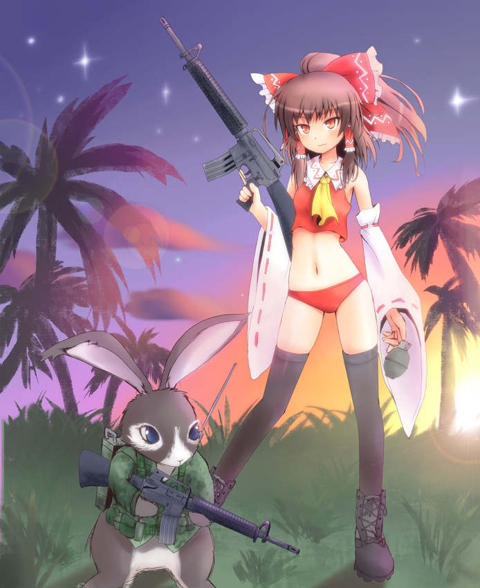 assault_rifle, bikini_bottom, black_legwear, boots, botasky, bow, brown_hair, bunny, cat_shit_one, cravat, crop_top, crossover, detached_sleeves, explosive, grenade, gun, hair_bow, hakurei_reimu, legs, m16, midriff, navel, rabbit, red_eyes, rifle, short_hair, solo, sumapan, thigh-highs, thighhighs, touhou, trigger_discipline, weapon