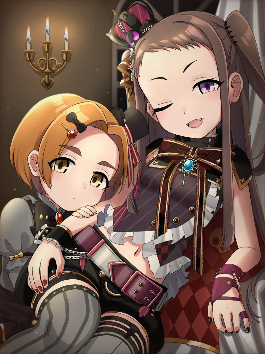 2girls, absurdres, belt, breasts, brown_hair, crown, fang, forehead