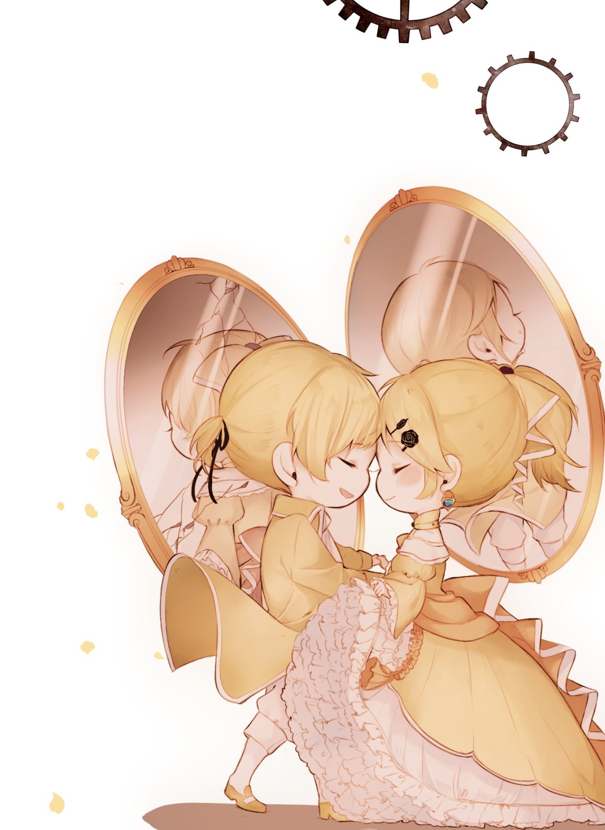 1boy, 1girl, aku_no_meshitsukai_(vocaloid), aku_no_musume_(vocaloid), allen_avadonia, ascot, bare_shoulders, blush_stickers