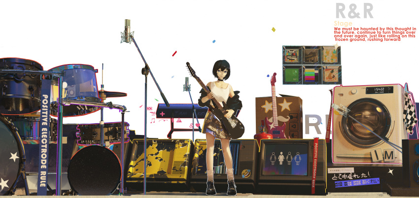 1girl, absurdres, black_choker, black_hair, black_jacket, choker, confetti, drum