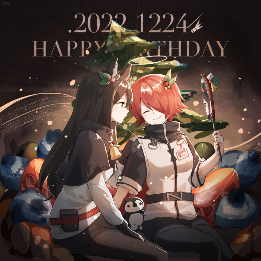 2girls, akirarec, animal_ears, arknights, bell, belt, black_background, black_gloves, black_hair, black_pants, black_shirt, christmas_tree, closed_eyes, coat, commentary, dated, english_commentary, english_text, exusiai_(arknights), from_side, gift, gloves, gradient_background, hair_over_one_eye, halo, happy_birthday, highres, holding, holding_mirror, id_card, indoors, long_hair, long_sleeves, mirror, mistletoe, multiple_girls, neck_bell, pants, profile, red_belt, redhead, shirt, short_hair, short_sleeves, simple_background, smile, stuffed_animal, stuffed_penguin, stuffed_toy, texas_(arknights), white_coat, wolf_ears, wolf_girl, yellow_eyes