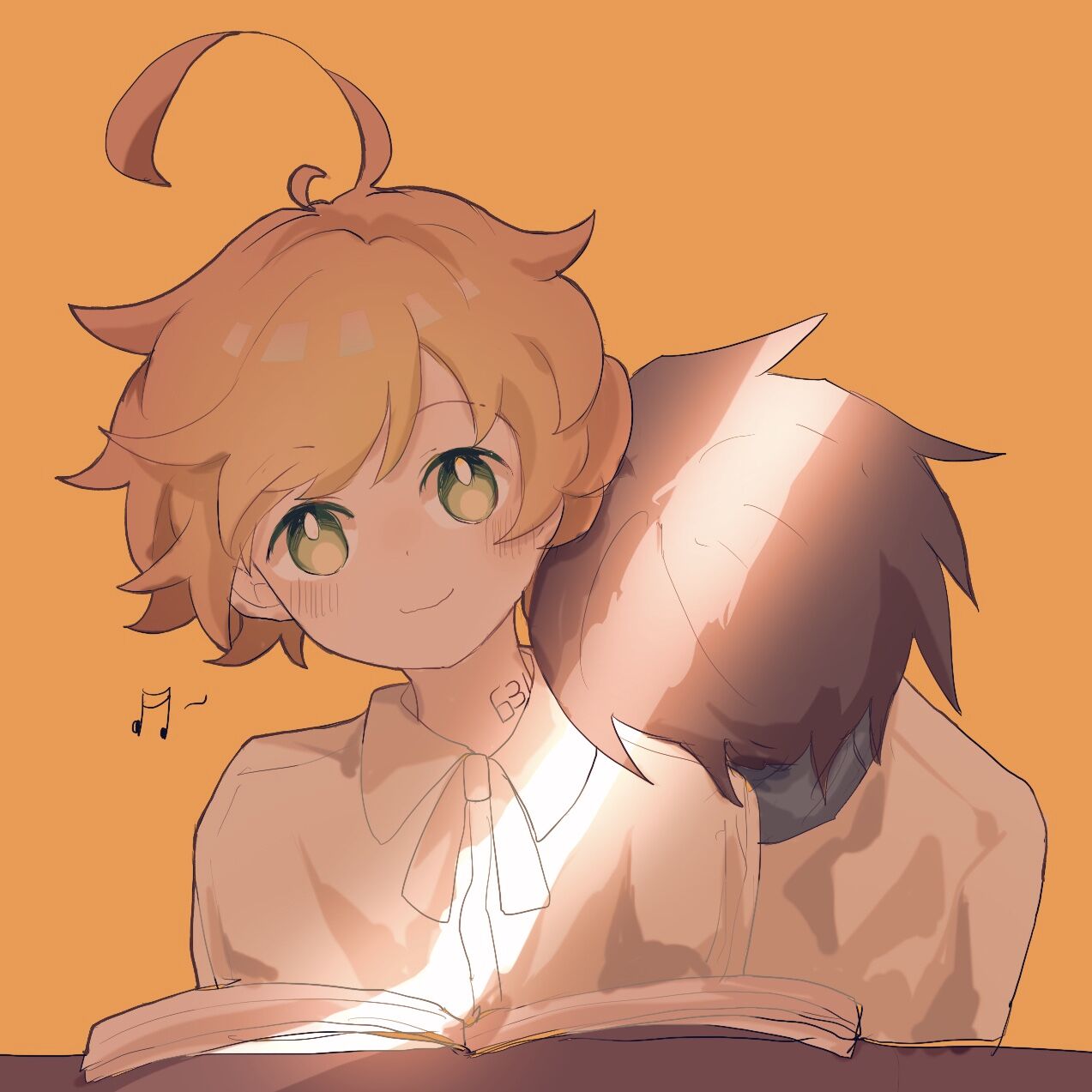 1boy, 1girl, :>, ahoge, akirarec, beamed_sixteenth_notes, black_hair, blush
