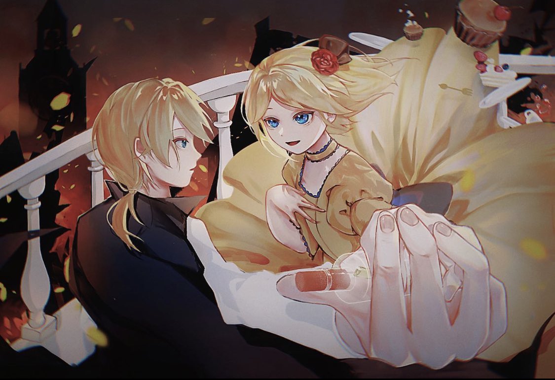 1boy, 1girl, aku_no_meshitsukai_(vocaloid), aku_no_musume_(vocaloid), arson, black_jacket, blonde_hair, blue_eyes, bottle, brioche, brother_and_sister, building, cake, choker, dancing, embers, evillious_nendaiki, falling_petals, fire, flower, food, frilled_choker, frills, hair_flower, hair_ornament, hand_on_own_chest, holding, holding_bottle, holding_hands, jacket, juliet_sleeves, kagamine_len, kagamine_rin, long_sleeves, message_in_a_bottle, petals, ponytail, puffy_sleeves, red_flower, red_rose, rose, shirt, siblings, sleeveless_blazer, smile, strawberry_shortcake, tower, twins, vocaloid, waltz_(dance), white_shirt, yellow_choker, yezi0331