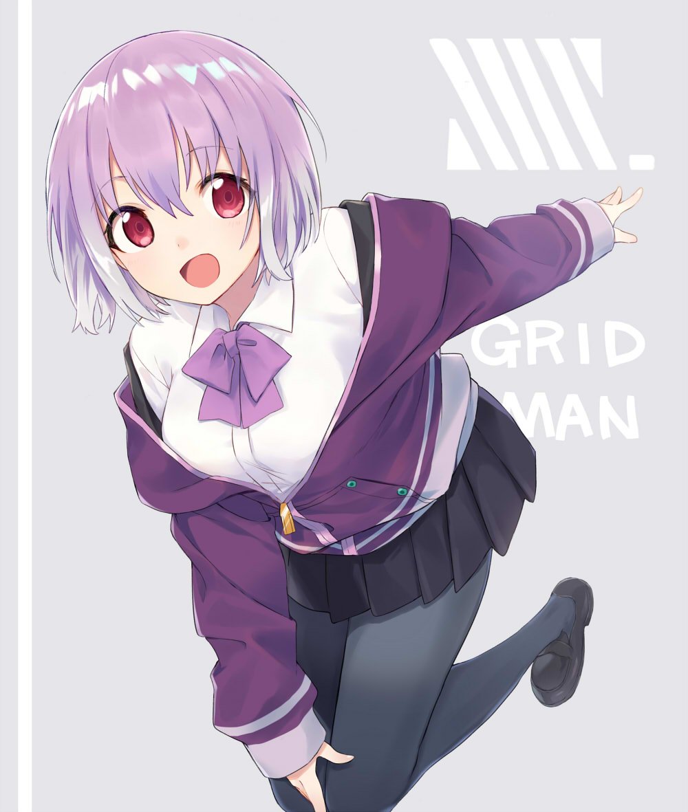 1girl, black_footwear, black_skirt, bow, bowtie, collared_shirt, copyright_name, grey_background, gridman_universe, jacket, light_purple_hair, loafers, long_sleeves, looking_at_viewer, nifu, off_shoulder, open_mouth, pantyhose, pleated_skirt, purple_bow, purple_bowtie, purple_jacket, red_eyes, school_uniform, shinjou_akane, shirt, shoes, short_hair, simple_background, skirt, solo, ssss.gridman, white_shirt