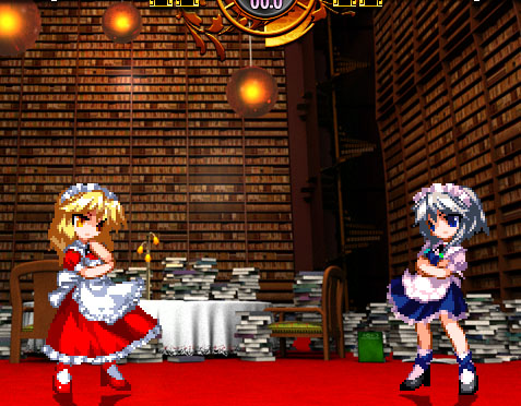 apron, battle, blonde_hair, blue_eyes, book, dress, fake_screenshot, fighting_game, grey_hair, high_heels, indoors, izayoi_sakuya, library, lowres, maid, maid_headdress, multiple_girls, pixel_art, scarlet_weather_rhapsody, shinki_(artist), shoes, short_hair, table, touhou, touhou_(pc-98), voile, yellow_eyes, yumeko
