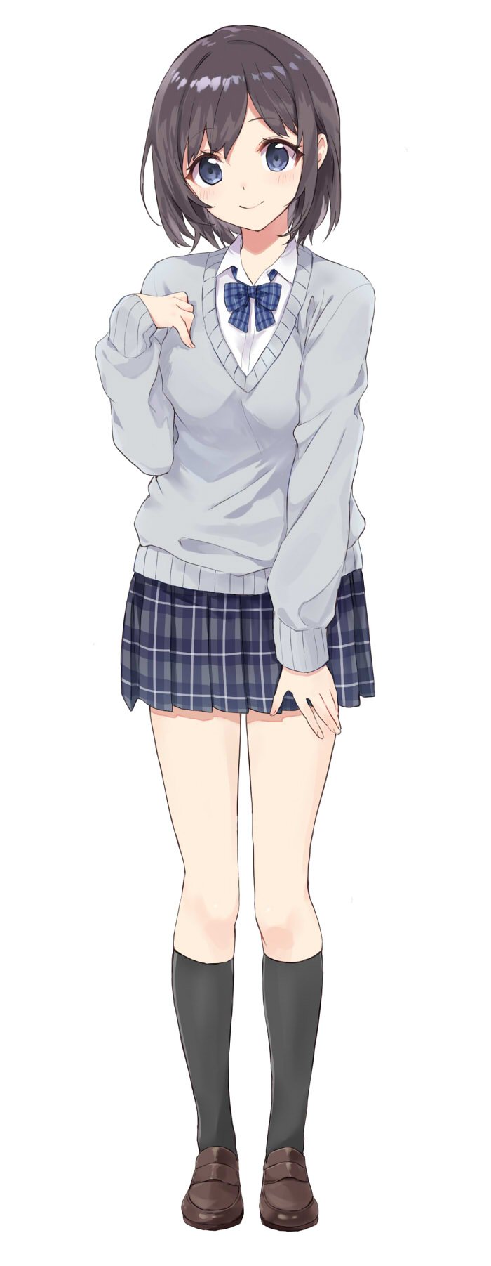 1girl, asymmetrical_bangs, black_socks, blue_bow, blue_bowtie, blue_eyes, blush, bow