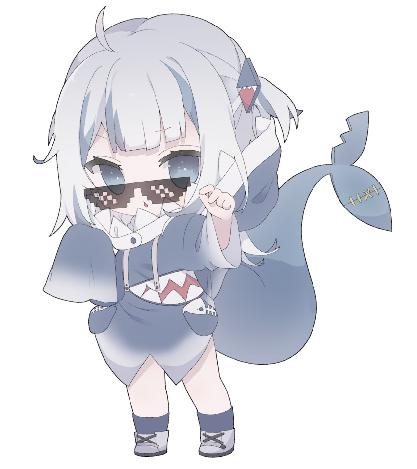 1girl, ahoge, animal_costume, animal_hood, blue_eyes, blue_hair, blue_hoodie, blue_socks