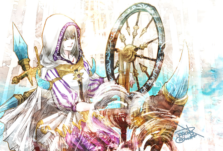 1girl, black_gloves, cowboy_shot, crystal, final_fantasy, final_fantasy_xiv, gloves, hood, hood_up, looking_at_object, nymeia_(ff14), ruka_(blueplus84), short_hair, signature, smile, solo, spinning_wheel, striped_sleeves, twitter_username, white_hair, yellow_eyes