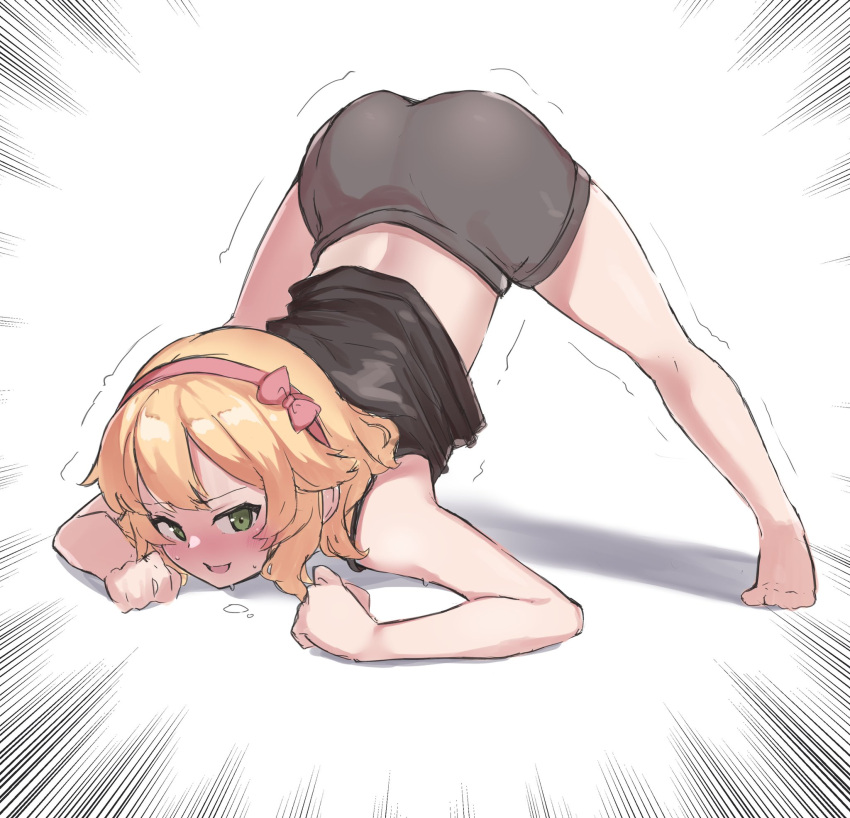 1girl, barefoot, black_shirt, blonde_hair, blush, bow, commentary_request, deko_isu, emphasis_lines, female_child, green_eyes, grey_shorts, hair_bow, hairband, highres, idolmaster, idolmaster_cinderella_girls_u149, jack-o'_challenge, legs, looking_at_viewer, medium_hair, pink_hairband, sakurai_momoka, shirt, shorts, sidelocks, smile, solo, sweat, tank_top, thighs, top-down_bottom-up, trembling, wavy_hair, wavy_mouth, white_background