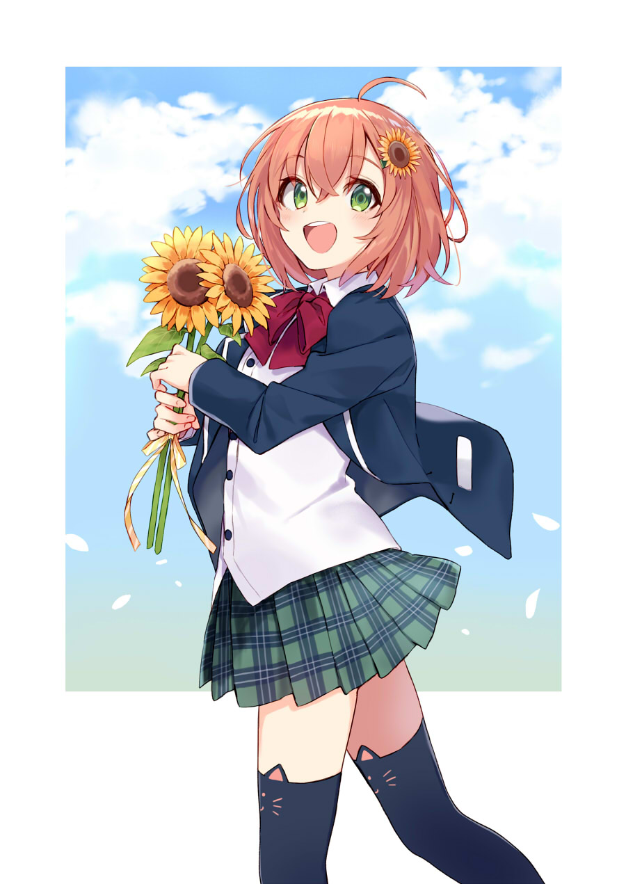 1girl, ahoge, animal_ear_legwear, black_thighhighs, bow, bowtie, cat_ear_legwear, collared_shirt