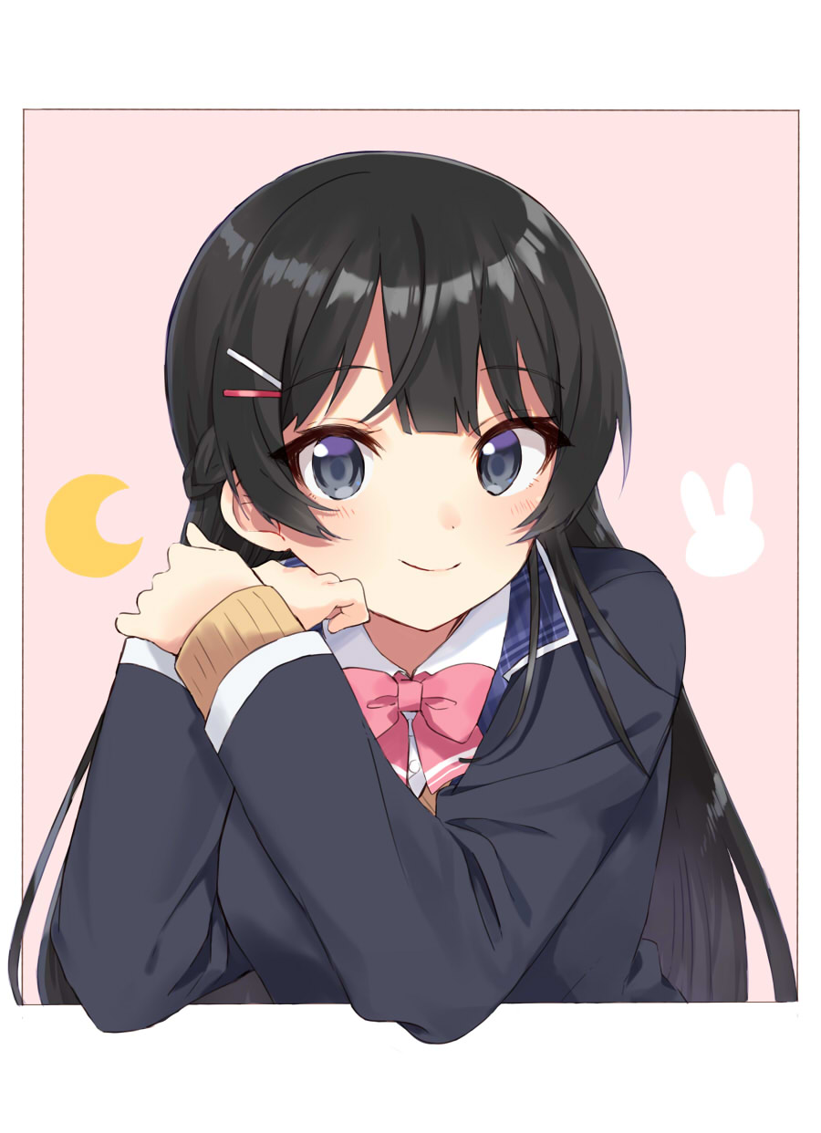 1girl, black_hair, black_jacket, blazer, blue_eyes, border, bow, bowtie