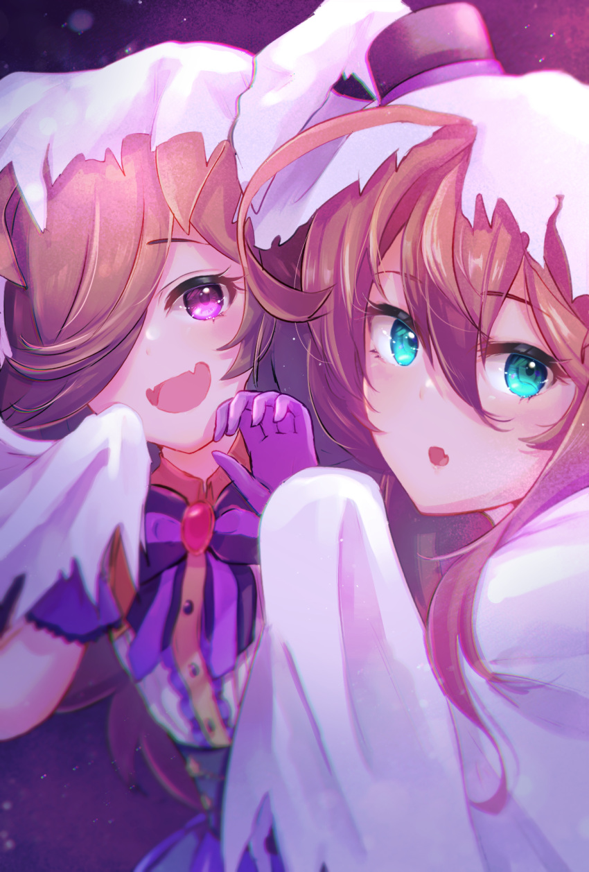 2girls, ahoge, animal_ears, bow, bowtie, brooch, brown_hair, chromatic_aberration