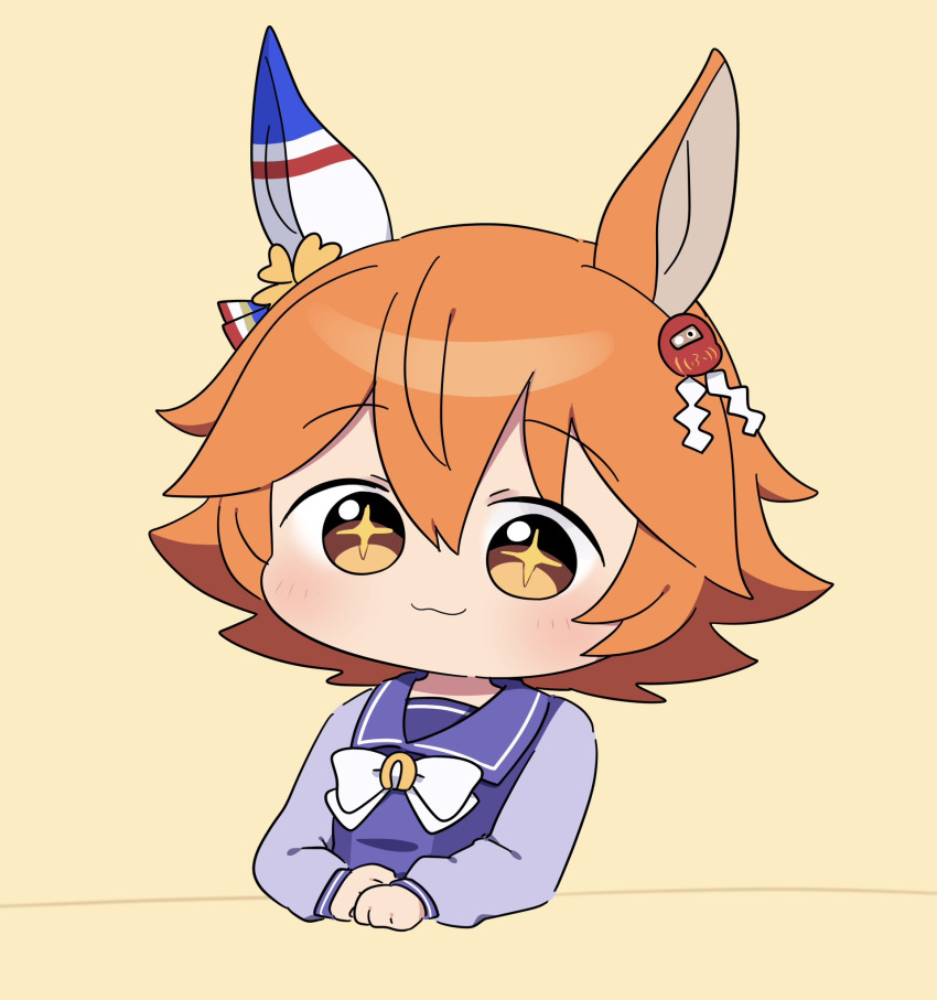 +_+, 1girl, :3, animal_ears, chibi, clover_hair_ornament, ear_covers, flipped_hair
