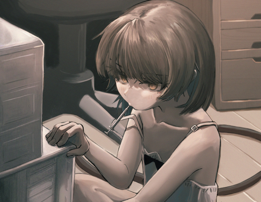 1girl, absurdres, bare_shoulders, blush, brown_eyes, brown_hair, cable, computer