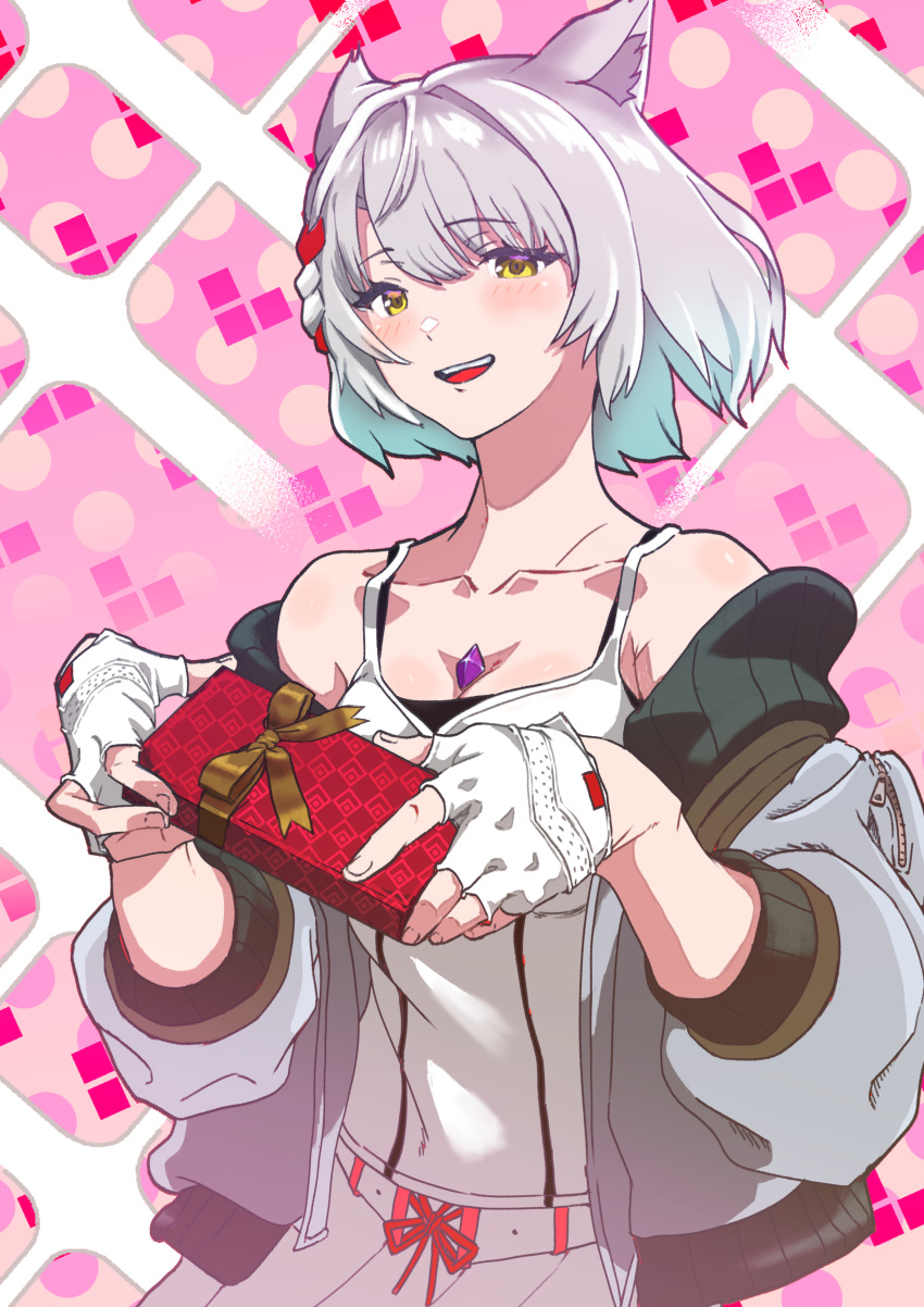 1girl, :d, absurdres, animal_ears, bare_shoulders, cat_ears, cat_girl, chest_jewel, collarbone, fingerless_gloves, gift, gloves, happy_valentine, highres, holding, holding_gift, jacket, karian909, looking_at_viewer, mio_(xenoblade), open_mouth, pink_theme, shirt, short_hair, skirt, smile, solo, spaghetti_strap, upper_body, white_gloves, white_hair, white_jacket, white_shirt, white_skirt, xenoblade_chronicles_(series), xenoblade_chronicles_3, yellow_eyes
