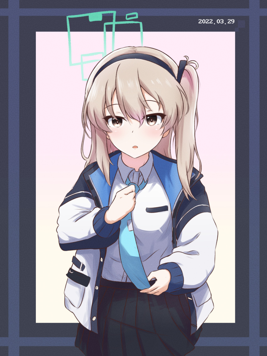 1girl, adjusting_clothes, adjusting_necktie, amogan, aris_(blue_archive), aris_(blue_archive)_(cosplay), black_ribbon, black_skirt, blue_archive, blue_necktie, brown_eyes, coat, commentary, cosplay, cowboy_shot, dated, dress_shirt, girls_und_panzer, hair_ribbon, halo, highres, long_hair, looking_at_viewer, miniskirt, name_connection, necktie, one_side_up, open_clothes, open_coat, parted_lips, pleated_skirt, ribbon, shimada_arisu, shirt, skirt, solo, standing, white_coat, white_shirt, wing_collar