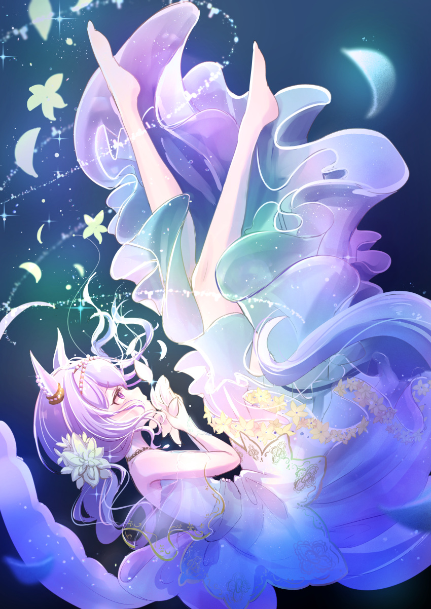 1girl, absurdres, animal_ears, barefoot, blue_dress, diffraction_spikes, dress, falling