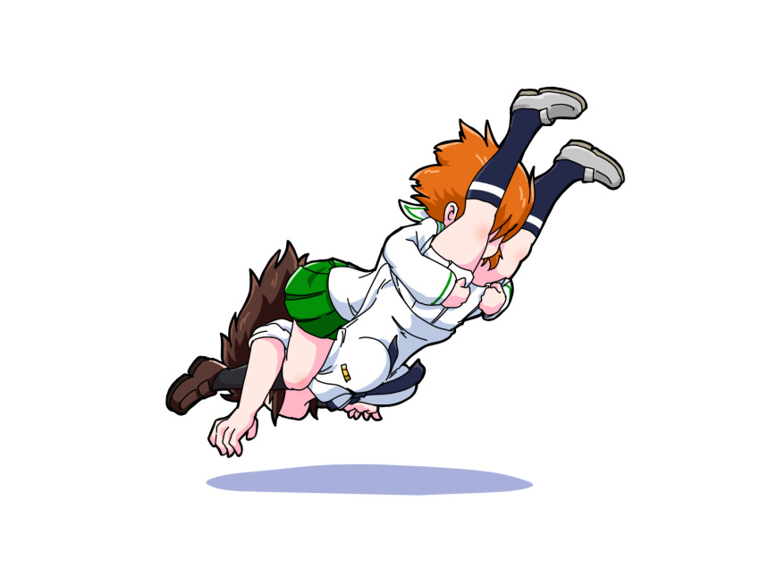 2girls, 7654_dog, black_hair, black_neckerchief, black_socks, blouse, blue_socks, brown_footwear, brown_hair, commentary, girls_und_panzer, green_skirt, kneehighs, loafers, long_sleeves, medium_hair, miniskirt, multiple_girls, murakami_(girls_und_panzer), neckerchief, nishizumi_miho, no_headwear, ooarai_naval_school_uniform, ooarai_school_uniform, piledriver_(wrestling), pleated_skirt, sailor_collar, school_uniform, serafuku, shadow, shirt, shoes, short_hair, simple_background, single_horizontal_stripe, skirt, sleeves_rolled_up, socks, white_background, white_footwear, white_sailor_collar, white_shirt, white_skirt, wrestling