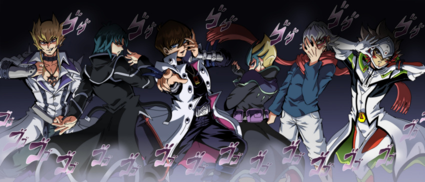 5boys, arm_at_side, arm_up, arms_up, belt_pouch, blonde_hair, blue_eyes, bracer, brown_hair, character_request, choker, coat, collarbone, collared_coat, elbow_gloves, english_commentary, giorno_giovanna's_pose_(jojo), gloves, green_eyes, green_hair, grey_hair, hair_between_eyes, hand_up, height_difference, helmet, high_collar, highres, jewelry, jojo_no_kimyou_na_bouken, jojo_pose, jonathan_joestar's_pose_(jojo), kaiba_seto, lewdamone, long_sleeves, looking_at_viewer, male_focus, multiple_boys, open_clothes, open_coat, outstretched_arm, pants, parody, parted_lips, pectorals, pendant, pocket, pointing, pointing_at_viewer, pouch, red_scarf, redhead, scarf, shirt, short_hair, smirk, sound_effects, spiky_hair, standing, toned, toned_male, violet_eyes, yu-gi-oh!