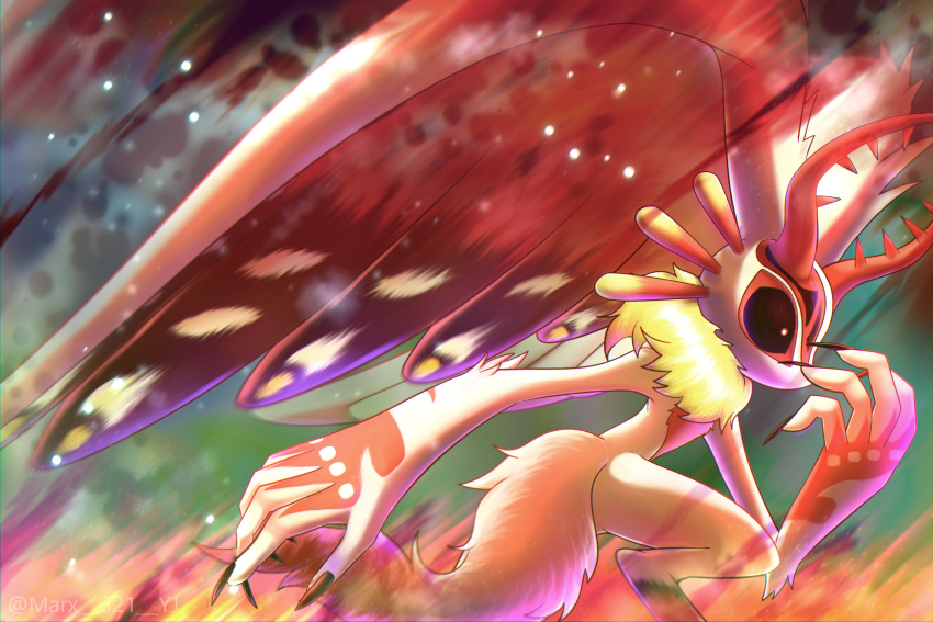 antlers, black_sclera, chaos_elfilis, claws, colored_sclera, from_side, furry, highres