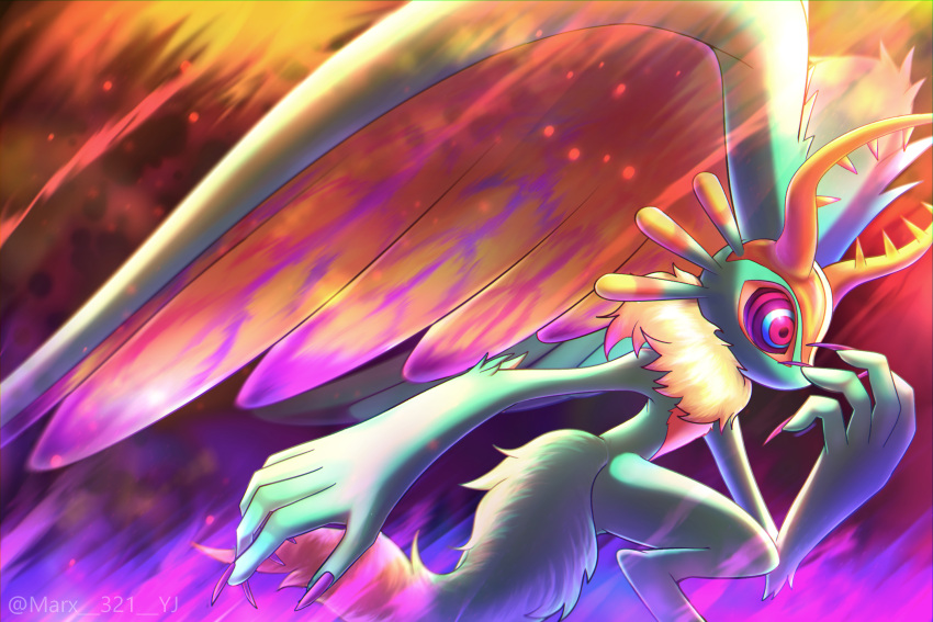 antlers, aqua_fur, claws, fecto_elfilis, from_side, furry, highres, kirby_(series), kirby_and_the_forgotten_land, multicolored_eyes, solo, tail, twitter_username, wing_ears, yellow_fur, yujyu